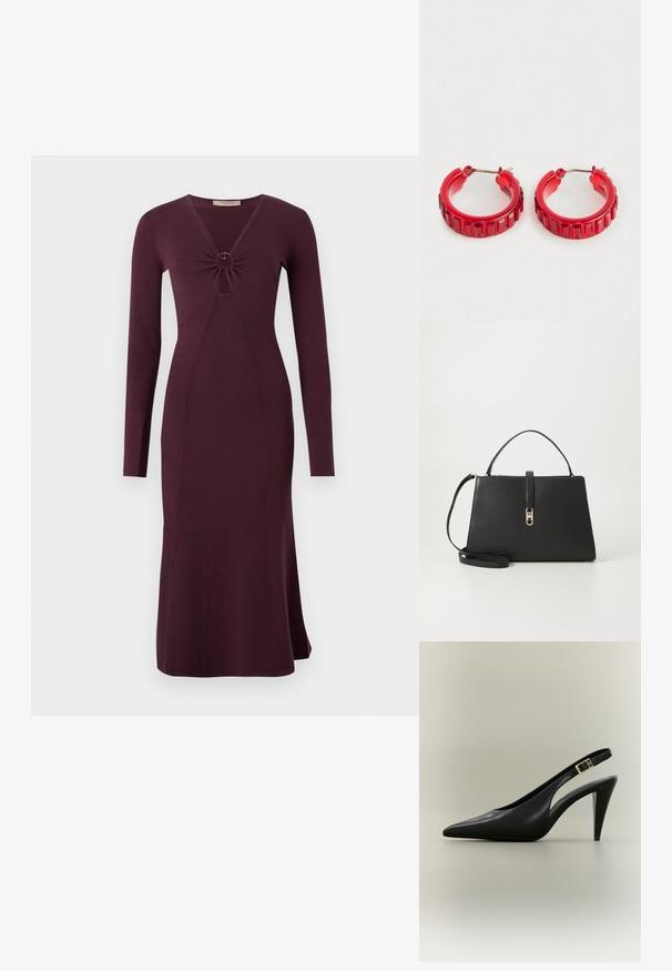 Langsleeve, bordeaux kleurige jurk met een gedraaide voorkant en een ronde detail, aansluitende silhouet en uitlopende zoom.; Zwarte leren slingback pumps met een puntige neus, een gouden gesp en een taps toelopende hak tegen een neutrale achtergrond.; Tommy Hilfiger TH LIBRE MED SATCHEL - Handtas - black; Een paar kleine rode oorhangen in de vorm van hoepels met rechthoekige facetten en zilveren metalen sluitingen op een witte achtergrond.