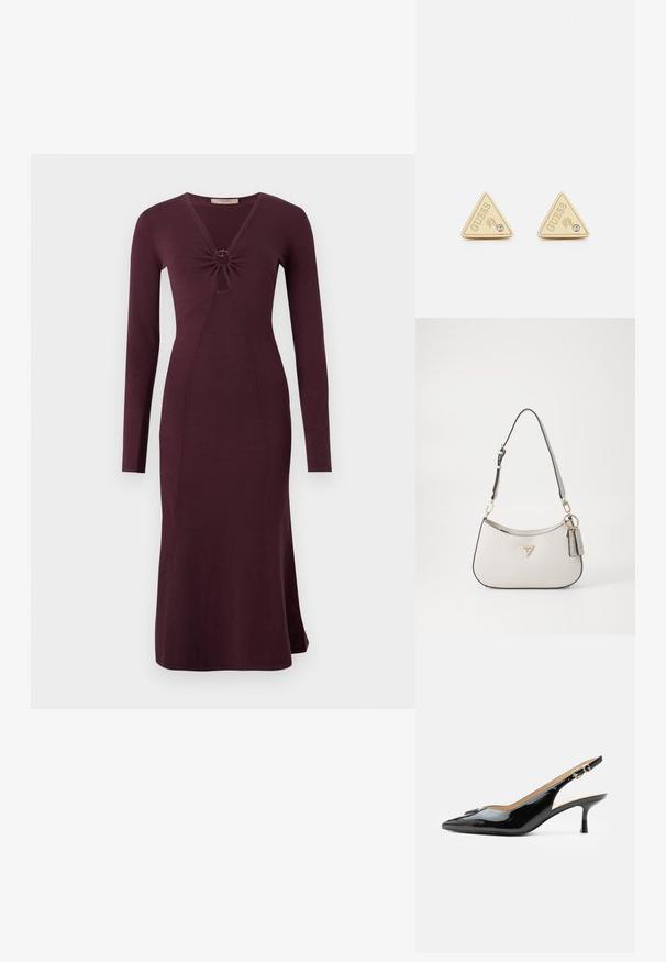 Langsleeve, bordeaux kleurige jurk met een gedraaide voorkant en een ronde detail, aansluitende silhouet en uitlopende zoom.; Zwarte lakleren slingback hak met spitse neus, kleine kittenhak en zilveren gespsluiting op een effen witte achtergrond.; Witte handtas met textuur en een gebogen vorm, gouden hardware, een afneembare schouderriem en een logoaccent. Inclusief een sleutelhanger met merknaam.; Guess PARTY - Oorbellen - gold-coloured
