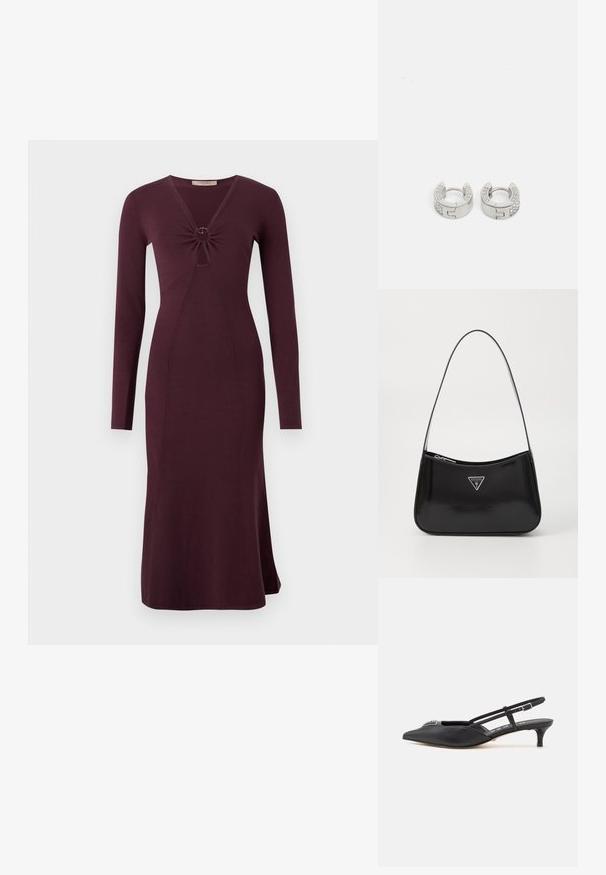 Vestido burdeos de manga larga con un frente retorcido y un detalle circular, silueta ajustada y dobladillo acampanado.; Zapatos slingback negros con punta afilada, hechos de material suave, con un pequeño tacón y un acento decorativo plateado en el empeine.; Bolso de hombro de charol negro con forma curva, que presenta un logotipo triangular plateado y un cierre de cremallera. Textura suave y correa delgada.; Guess STYLISH - Pendientes - silver-coloured