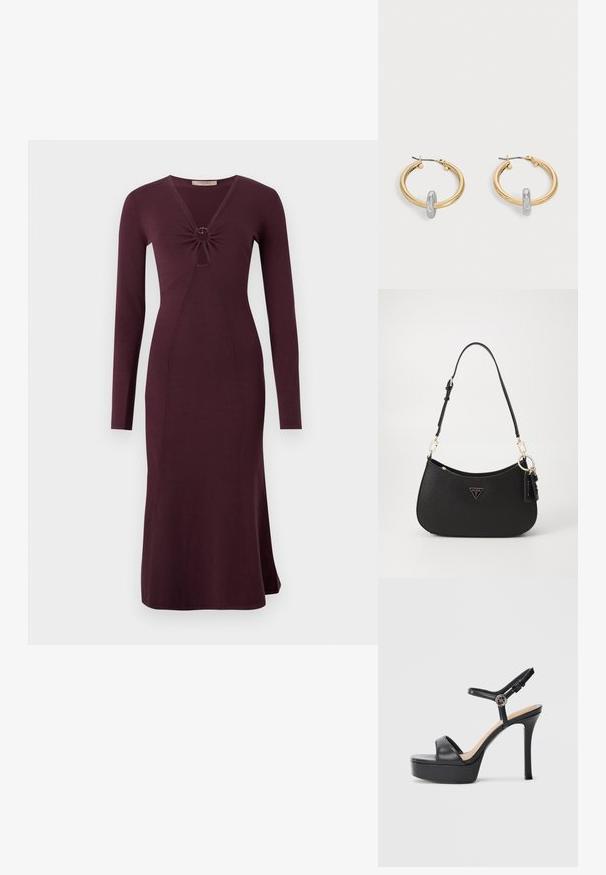 Langsleeve, bordeaux kleurige jurk met een gedraaide voorkant en een ronde detail, aansluitende silhouet en uitlopende zoom.; Zwarte platformsandalen met een hoge naaldhak, voorzien van een glad leren bovenkant, een peep-toe ontwerp en een verstelbare enkelriem met beslag.; Zwarte synthetische handtas met een gebogen vorm, gouden hardware en een driehoekig logo. Voorzien van een ritssluiting en een verstelbare schouderriem.; Paar goudkleurige creolen met kleine zilverkleurige lusdetail op elk, weergegeven tegen een lichtgrijze achtergrond.