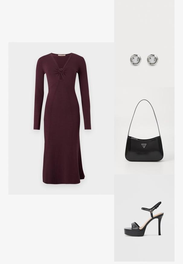 Langsleeve, bordeaux kleurige jurk met een gedraaide voorkant en een ronde detail, aansluitende silhouet en uitlopende zoom.; Zwarte platformsandalen met een hoge naaldhak, voorzien van een glad leren bovenkant, een peep-toe ontwerp en een verstelbare enkelriem met beslag.; Zwarte lakleren schoudertas met een gebogen vorm, voorzien van een zilveren driehoeklogo en een ritssluiting. Gladde textuur en slanke schouderband.; Zilveren metalen studoorbellen met ronde heldere kristallen, met een gladde gepolijste afwerking en een cirkelvormig ontwerp met subtiele verhoogde randen.