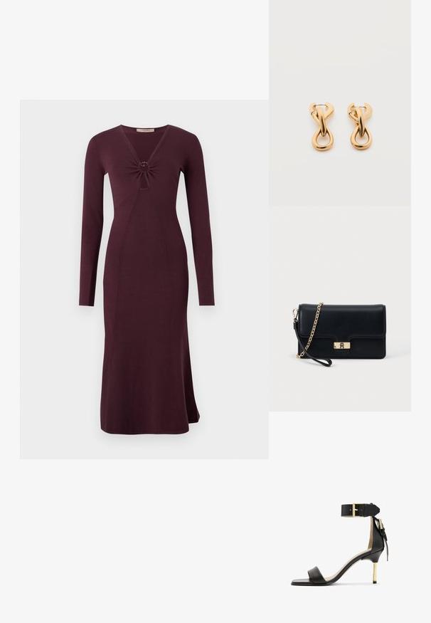Vestido burdeos de manga larga con un frente retorcido y un detalle circular, silueta ajustada y dobladillo acampanado.; Sándal de tacón de cuero negro con punta cuadrada, correa en el tobillo con hebilla dorada y un tacón metálico esbelto. Textura suave, diseño minimalista.; Bolso de mano de cuero negro con un cierre y cadena en tono dorado. Diseño compacto con una textura suave y un detalle mínimo.; Par de pendientes de aro con acabado dorado brillante sobre fondo blanco liso, con diseño entrelazado y torsionado.
