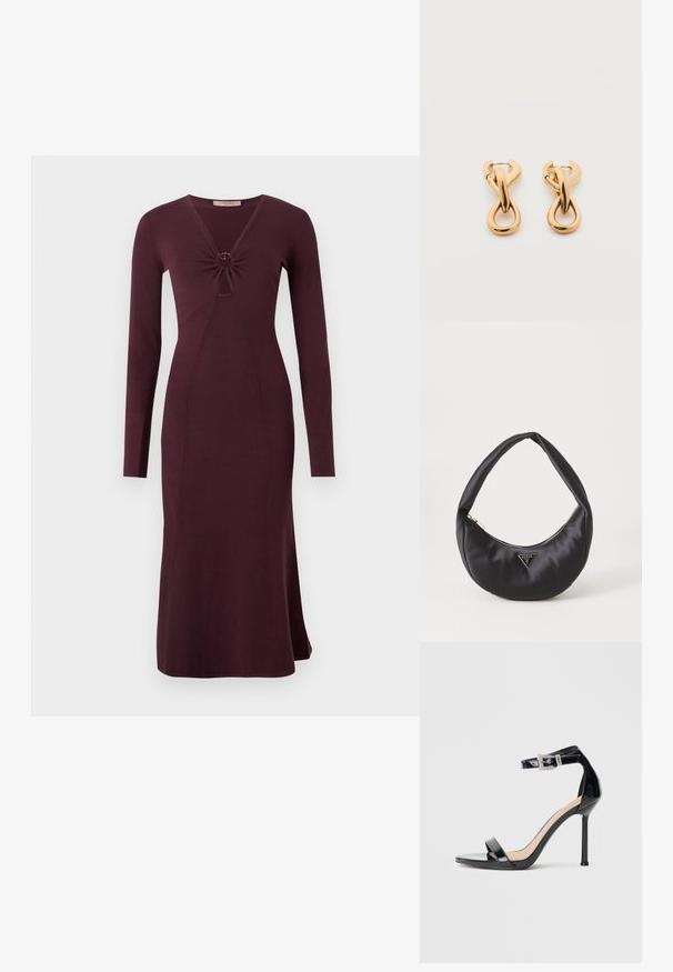 Robe bordeaux à manches longues avec un devant torsadé et un détail circulaire, silhouette ajustée et ourlet évasé.; Sandale à talon haut en cuir verni noir avec bride à la cheville. Présente un design minimaliste, un bout ouvert et une boucle ornée de strass.; Sac à main en satin noir avec une forme courbée, doté d'une fermeture à glissière et d'un logo triangulaire en métal à l'avant. Texture lisse et design épuré.; Paire de boucles d'oreilles créoles en bouclettes dorées brillantes sur fond blanc uni, présentant un design torsadé entrelacé.