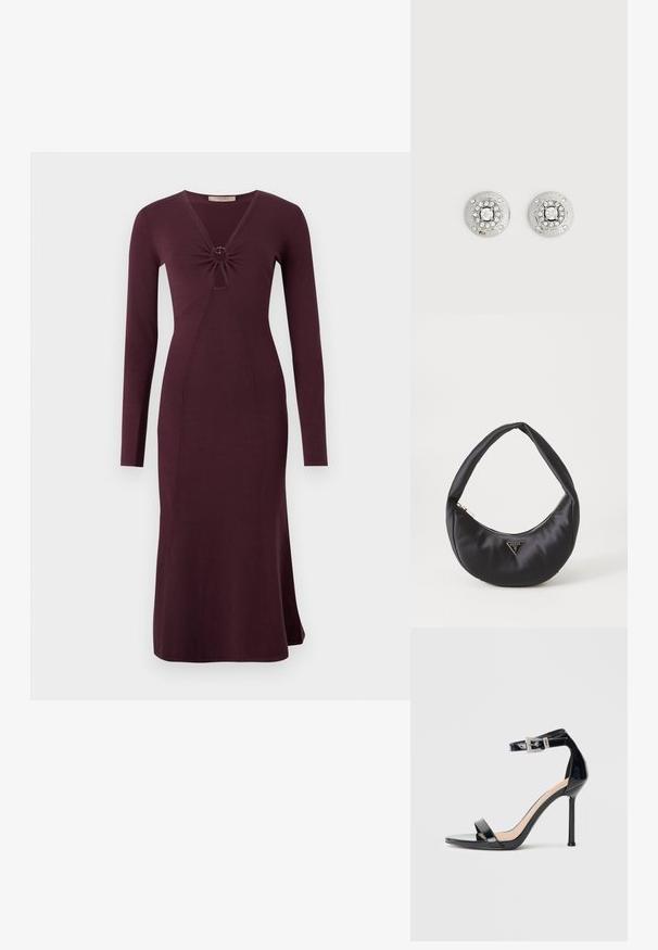 Langsleeve, bordeaux kleurige jurk met een gedraaide voorkant en een ronde detail, aansluitende silhouet en uitlopende zoom.; Zwarte sandalen met hoge hak van lakleer en een enkelriempje. Heeft een minimalistisch ontwerp, open teen en een gesp met strass-steentjes.; Zwarte satin handtas met een gebogen vorm, voorzien van een ritssluiting en een driehoekig metalen logo aan de voorkant. Gladde textuur en een slank ontwerp.; Zilveren ronde oorknopjes met centrale heldere steen, omringd door kleinere stenen en gegraveerd met het "GUESS"-logo langs de randen.