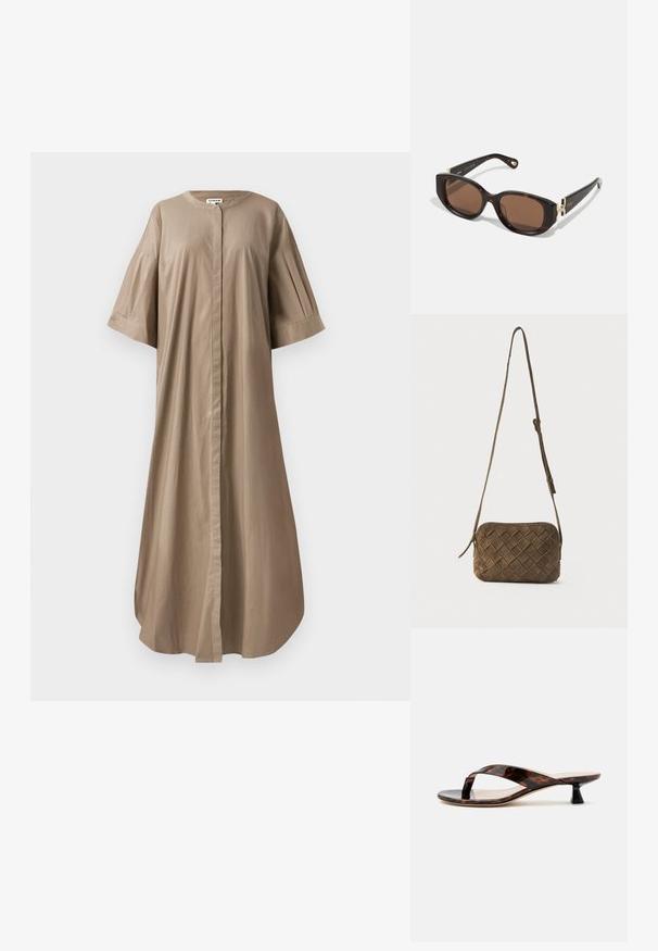 Vestido midi color beige hecho de algodón, con un cuello redondo, mangas cortas y amplias, y un cierre de botones en la parte delantera. Textura suave y ajuste holgado.; Sandalia de tacón bajo estilo "kitten heel" de carey marrón con tira tobillera y puntera cuadrada sobre un fondo liso claro.; Gafas de sol de carey marrón con lentes rectangulares, acentos de hardware dorado en las patillas y brazos negros elegantes.; Bolso bandolera de ante marrón con un patrón de diamante tejido y una correa larga ajustable sobre un fondo liso.