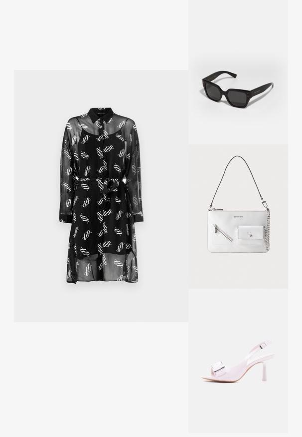 Sort gennemsigtig skjortekjole med hvide geometriske mønstre, krave, lange ærmer, knaplukning og et matchende bælte ved taljen.; Hvid laklæder slingback sandal med åben tå, justerbar spænde over tæerne og medium stilettohæl.; Store sorte oversized solbriller med firkantet form, lavet af blank plastik, med grå linser, små sølvdetaljer og indgraveret branding på armen.; Hvid læderhåndtaske med aftagelig sort rem, forreste lynlåslomme og lille sølvfarvet lomme med kædedetalje.