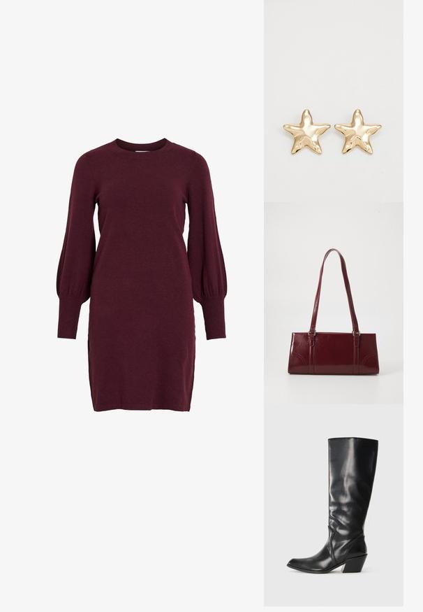 Burgunderfarbendes Strickkleid mit langen Puffärmeln, Rundhalsausschnitt und gerippten Bündchen. Das Kleid hat eine taillierte Silhouette und seitliche Schlitze am Saum.; Schwarze Leder-Stiefel bis zum Knie mit spitzem Zeh, angularer Ferse und glatter Textur. Verfügt über einen dezenten gesteppten Akzent an der Seite.; Burgunderfarbene Handtasche aus glänzendem Material, rechteckige Form, mit zwei Schulterriemen und subtilen, geschwungenen Akzenten an der Vorderseite.; Goldene, sternförmige Ohrringe mit einer glatten, glänzenden Oberfläche und einem dreidimensionalen Design, das fünf Spitzen und eine leicht gewellte Struktur aufweist.