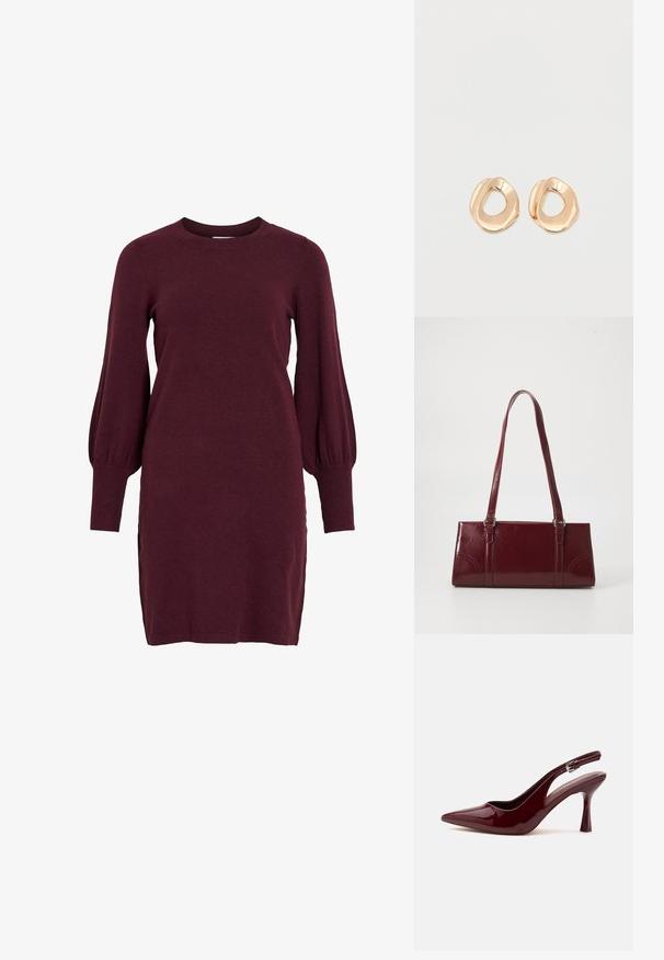 Bordeaux gebreide jurk met lange pofmouwen, een ronde halslijn en geribbelde manchetten. Heeft een getailleerde silhouette en zijsplitsingen aan de zoom.; Glanzende donkerrode slingback pump met spitse neus, smalle verstelbare band en taps toelopende naaldhak op witte achtergrond.; Bourgondische handtas van glanzend materiaal, rechthoekige vorm, met twee schouderbanden en subtiele gebogen accenten aan de voorkant.; Set van onregelmatig gevormde, gepolijste hoepel oorbellen van goudkleurig metaal met een open midden op een effen witte achtergrond.