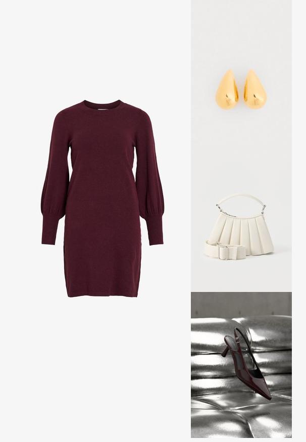 Robe en tricot bordeaux avec de longues manches bouffantes, un col rond et des poignets côtelés. Présente une silhouette ajustée et des fentes sur les côtés à l'ourlet.; Escarpin slingback à talon haut, rouge foncé brillant avec bout pointu, présenté sur une surface en cuir argenté capitonné et brillant.; Sac à main blanc plissé avec poignée courte et une large bandoulière amovible texturée avec boucle argentée.; Boucles d'oreilles en or en forme de goutte avec une surface lisse et polie et des fonds arrondis, reflétant la lumière avec une finition brillante.