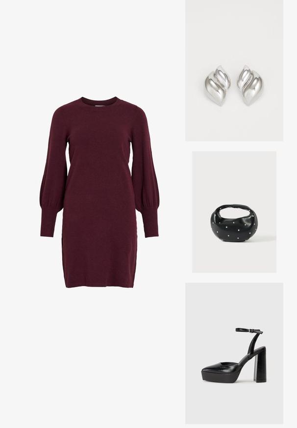Vestido de punto burdeos con mangas abullonadas largas, escote redondo y puños acanalados. Presenta una silueta ajustada y aberturas laterales en el dobladillo.; Zapatos de tacón negro con punta afilada y correa ajustable en el tobillo. Confeccionados en cuero suave, presentan un tacón grueso.; Bolso de mano de cuero negro con forma redondeada, decorado con detalles de tachuelas plateadas y un asa corta. Textura lisa y cierre con cremallera.; Pendientes de plata con una forma orgánica y abstracta. Superficie lisa y brillante con un diseño cónico. Presentan suaves curvas y un detalle de línea central.