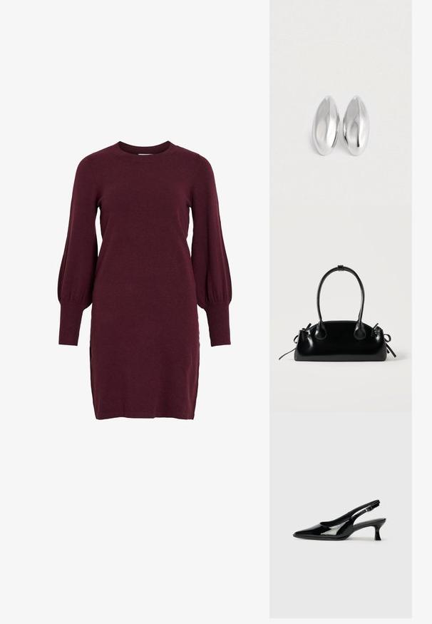 Bordeaux gebreide jurk met lange pofmouwen, een ronde halslijn en geribbelde manchetten. Heeft een getailleerde silhouette en zijsplitsingen aan de zoom.; Zwarte lakleren slingback schoenen met een spitse neus en een lage blokhak. Verstelbare gespband bij de enkel.; Kleine zwarte glanzende handtas met twee lange hengsels en zijkant trekkoord details op een effen lichte achtergrond.; Een paar gladde, glanzende zilveren ovale objecten die naast elkaar zijn geplaatst op een eenvoudige witte achtergrond.