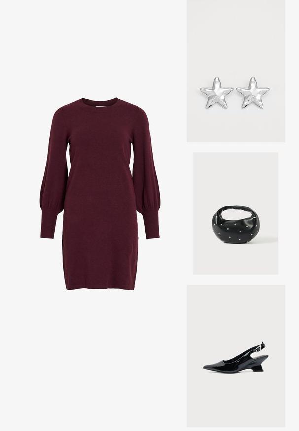Vestido de punto burdeos con mangas abullonadas largas, escote redondo y puños acanalados. Presenta una silueta ajustada y aberturas laterales en el dobladillo.; Zapato slingback de cuero charol negro con puntera puntiaguda y tacón bajo en bloque inclinado sobre fondo claro liso.; Bolso de mano de cuero negro con forma redondeada, decorado con detalles de tachuelas plateadas y un asa corta. Textura lisa y cierre con cremallera.; Pendientes en forma de estrella plateada con una superficie pulida y brillante. Cada pendiente presenta cinco puntas y sutiles detalles de textura en la superficie.