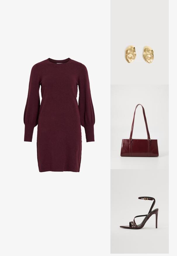 Burgunderfarbendes Strickkleid mit langen Puffärmeln, Rundhalsausschnitt und gerippten Bündchen. Das Kleid hat eine taillierte Silhouette und seitliche Schlitze am Saum.; Bordeaux-farbenes Lackleder-High-Heel-Sandale mit einem Knöchelriemen, spitzem Zehenbereich und drei horizontalen Riemen über dem Fuß. Details mit goldfarbener Schnalle.; Burgunderfarbene Handtasche aus glänzendem Material, rechteckige Form, mit zwei Schulterriemen und subtilen, geschwungenen Akzenten an der Vorderseite.; Paar glänzende, unregelmäßig geformte Ohrstecker aus Goldmetall mit zerknitterter, glatter Oberfläche auf schlichtem hellem Hintergrund.
