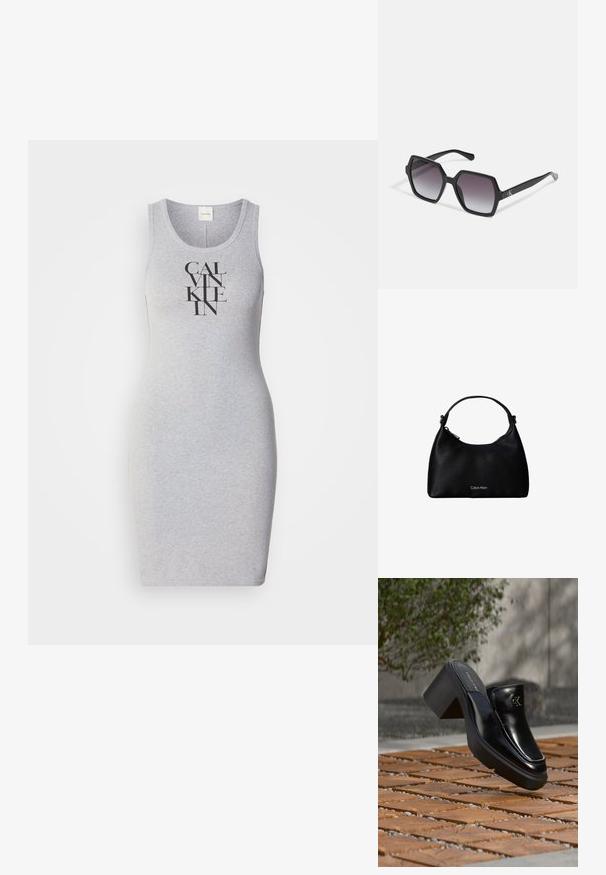 Grå ærmeløs kjole med en tætsiddende pasform og ordene "CALVIN KLEIN" trykt med fede sorte bogstaver lodret på forsiden.; Sort læder Calvin Klein slip-on mule med blokhæl, der hviler på trætøj udendørs nær en grøn plante og en grå væg.; Sorte sekskantede solbriller med gradientlinser, med en glat overflade og diskret branding på stængerne. Holdbar plastkonstruktion.; Sort tekstureret lædertaske med enkelt rem og sølv Calvin Klein-logo foran, lynlåslukning på siden.