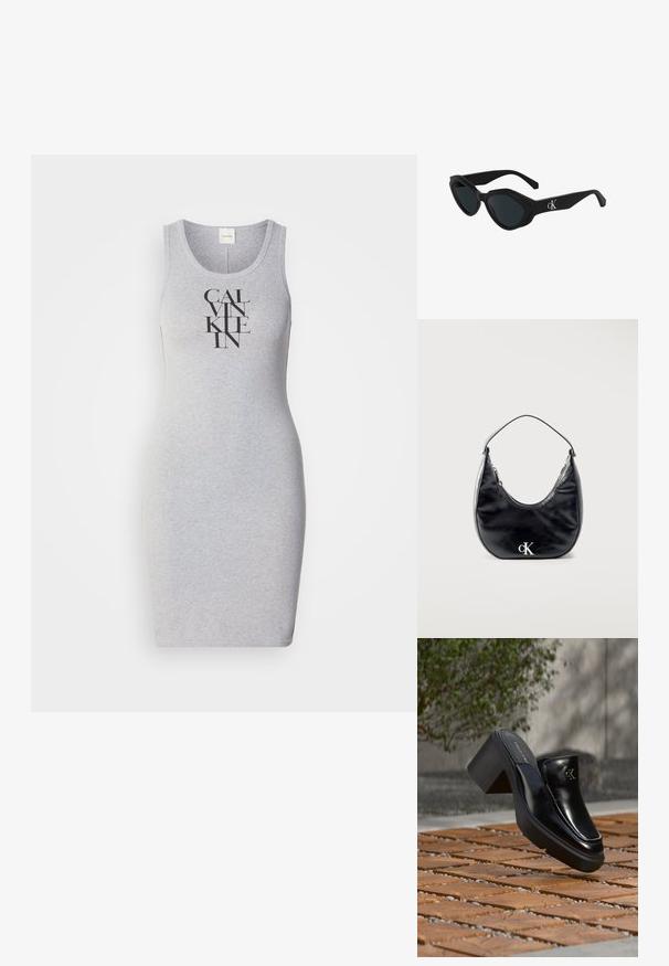 Grijs mouwloos jurkje met een aansluitend ontwerp en de woorden "CALVIN KLEIN" in vetgedrukte zwarte letters verticaal op de voorkant gedrukt.; Zwarte leren Calvin Klein slip-on mule met blokhak rustend op houten tegels buiten, vlak bij een groene plant en een grijze muur.; Zwarte cat-eye zonnebril met een glanzende afwerking, donkere lenzen en een "cK" logo op de poot. Hoekig ontwerp en dikke monturen.; Zwarte leren handtas in halvemaanvorm met korte riem en zilveren "cK" logo aan de voorkant, ritssluiting aan de bovenkant.