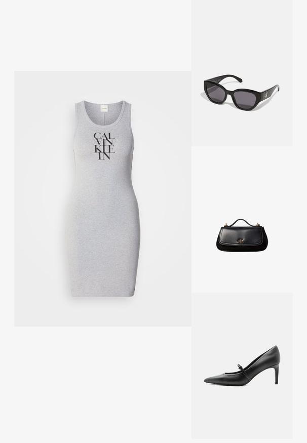 Grijs mouwloos jurkje met een aansluitend ontwerp en de woorden "CALVIN KLEIN" in vetgedrukte zwarte letters verticaal op de voorkant gedrukt.; Zwarte leren pumps met puntige neus, dunne riem en gesp over de wreef, staand op een neutrale lichte achtergrond.; Zwarte zonnebril met een strak, hoekig ontwerp, donkere lenzen en een contrasterend zilveren logo aan de zijkant. Glad kunststof oppervlak.; Zwarte leren handtas met een klein handvat, goudkleurig "cK"-logo op de voorflap en gouden hardware-accenten.