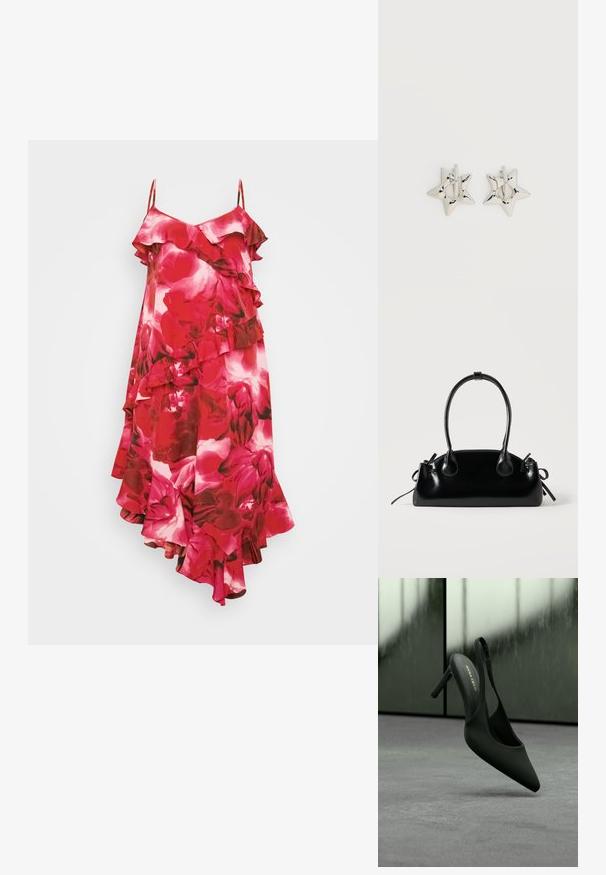 Floral dress met ruches; heeft roze en rode kleuren, verstelbare schouderbanden en een asymmetrische zoom. Gemaakt van een gladde stof.; Zwarte slingback hoge hak met spitse neus en enkelriempje, merk "ANNA FIELD", licht zwevend boven een grijs oppervlak.; Kleine zwarte glanzende handtas met twee lange hengsels en zijkant trekkoord details op een effen lichte achtergrond.; Zilverkleurige stervormige oorringen met een gladde, gepolijste afwerking op een effen witte achtergrond.