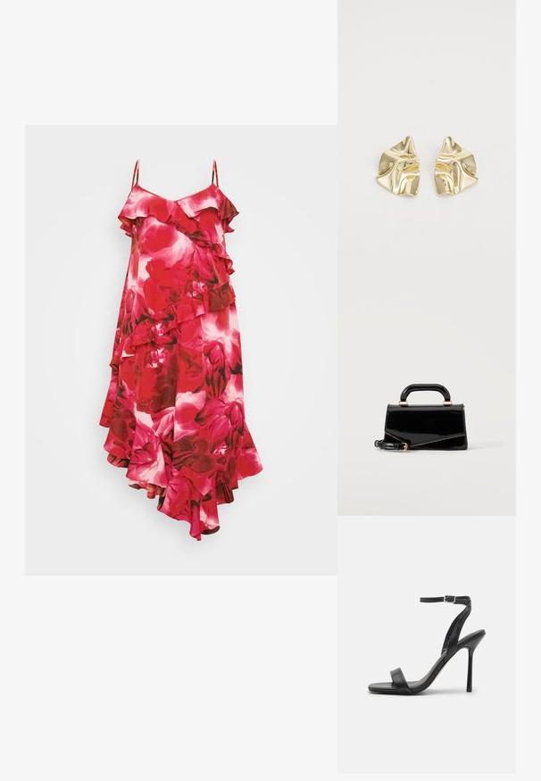 Blumenkleid mit Rüschen; in Pink- und Rottönen gehalten, mit verstellbaren Trägern und asymmetrischem Saum. Hergestellt aus einem glatten Stoff.; Schwarze High-Heels-Sandalen mit schlankem Knöchelriemen und zwei vorderen Riemen. Aus glattem Leder gefertigt, mit einer eleganten spitzen Zehenform und einem Stiletto-Absatz.; Schwarze glänzende rechteckige Handtasche mit oberem Griff, goldener Hardware und abnehmbarem Riemen, auf hellem einfarbigem Hintergrund platziert.; Goldfarbene metallische Ohrringe mit einem wellenförmigen Design; glatte, reflektierende Oberfläche; asymmetrische Form; keine sichtbaren Muster oder Hardware.