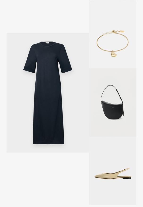 Robe bleu marine, longueur genou, en tissu doux. Caractéristiques des manches courtes et larges ainsi qu'un col rond. Design simple et sans ornements.; Chaussure plate beige à bout pointu avec bride arrière, petit talon noir et finition en cuir lisse, vue de côté sur un fond uni.; Sac à bandoulière en cuir noir en forme de demi-lune avec une bandoulière réglable et le logo doré « BOSS » centré sur le devant.; BOSS HONEY - Bracelet - gold-coloured