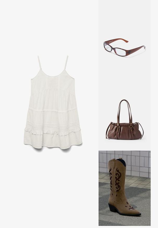 Robe blanche sans manches avec bretelles réglables, tissu texturé, bordures froncées et design en couches avec des accents en dentelle le long des coutures.; Botte de cowboy en daim beige avec des découpes décoratives marron foncé et des coutures, posée sur un trottoir devant un mur carrelé.; Lunettes rectangulaires teintées de brun avec une finition brillante, dotées de branches fines et de verres transparents. Logo visible sur la branche gauche.; Sac à main en cuir brun avec deux longues poignées, design froncé, accents en métal doré et finition texturée.