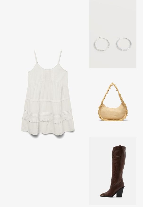 Hvid ærmeløs kjole med justerbare stropper, struktureret stof, flæsekanter og lagdelt design med blonder langs sømmene.; RAID RIMSKY - Højhælede støvler - brown; Struktureret beige taske med en rund form, frynset kant langs kanterne og en kort rem til at bære. Lynlåsåbning på toppen.; Sølvfarvede metaloorringe med glat, let buet overflade og låsemekanisme på en ensfarvet hvid baggrund.