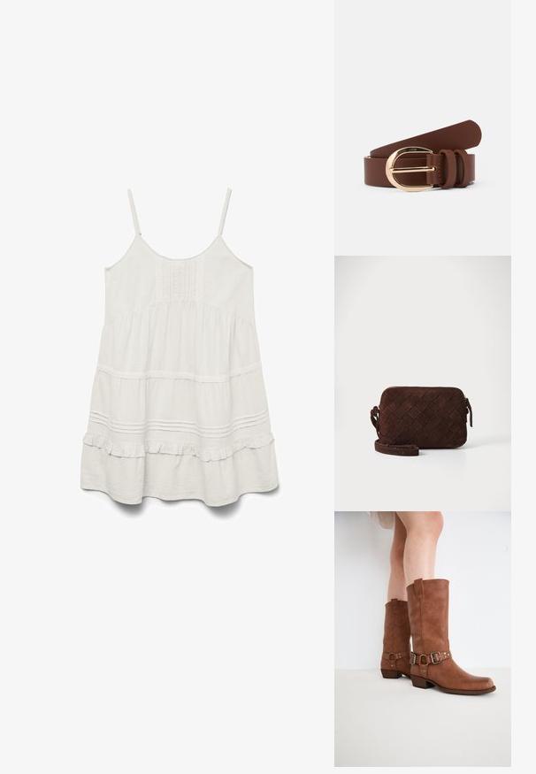 Vestido blanco sin mangas con tirantes ajustables, tela texturizada, ribete con volantes y diseño escalonado que presenta detalles de encaje a lo largo de las costuras.; Botas de tobillo de cuero marrón con una puntera ligeramente puntiaguda, hebillas decorativas y un tacón bajo y apilado. Textura suave con un acabado mate.; Bolso cruzado de ante marrón con un diseño trenzado, cierre de cremallera y correa ajustable. Presenta una forma rectangular elegante.; Cinturón de cuero marrón con una hebilla dorada brillante y dos lazos de cuero. Textura suave, diseño plano y extremos redondeados.