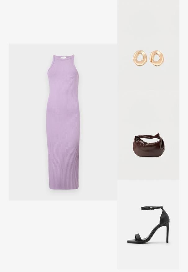 Robe midi lilas sans manches, côtelée, avec un col montant et une silhouette ajustée.; Sandale noire à talons hauts au design épuré, avec une bride au niveau de la cheville, un bout ouvert et une texture en cuir lisse.; Sac bandoulière en cuir marron foncé avec une forme souple et décontractée et une anse nouée torsadée sur un fond blanc uni.; Paired boucles d'oreilles en métal doré poli de forme irrégulière avec un centre ouvert sur un fond blanc uni.