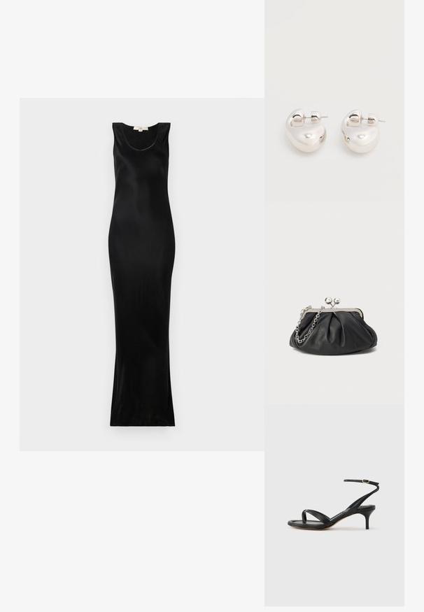 Schwarzes ärmelloses Maxikleid aus glattem Stoff; hat einen runden Ausschnitt und eine figurbetonte Silhouette, die sich zum Saum hin verjüngt.; Schwarze Ledersandale für Damen mit dünnen Riemchen, einer Zehenlasche, einer Knöchelschnalle und einem mittelhohen Stöckelabsatz vor neutralem Hintergrund.; Schwarze Leder-Clutch mit geraffter Textur, silberfarbener Metallrahmen, Druckverschluss und Kettenriemen. Glatte, weiche Oberfläche.; Paar glänzende silberne dicke Creolen mit Stecker-Verschlüssen auf weißem Hintergrund.