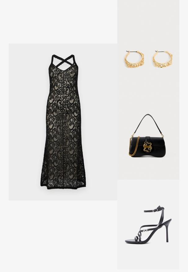 Sort blonde maxi kjole med krydsede stropper, der har et blomstermønster og bølget kant. Gennemsigtigt materiale fremhæver en lagdelt effekt.; Sort højhælet sandal med tynde stropper, ankelspænde og en metal-logo detalje på siden af stroppen, sat mod en hvid baggrund.; Sort læderhåndtaske med en buet form, guld slange-accent og kædestrop. Har en klaplukning med en metallisk logo-plade.; Par af øreringe i guldfarve med udsmykket blomster- og bladprægning på en neutral baggrund.