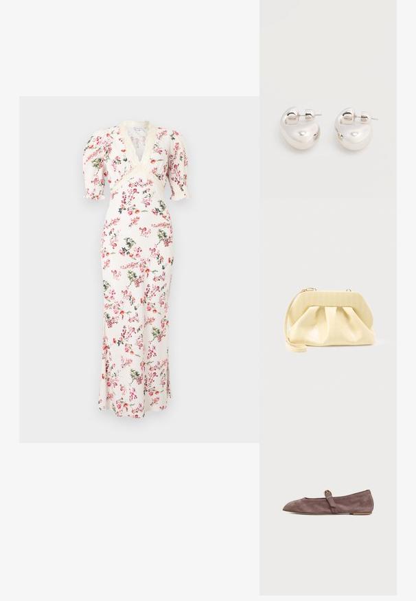 Robe longue blanche avec imprimé floral rose et vert, décolleté en V, bordure en dentelle et manches mi-longues bouffantes.; Chaussure plate Mary Jane en daim marron avec un bout pointu et une petite bride à boucle dorée sur fond blanc.; Pochette en cuir couleur crème avec un cadre supérieur structuré et une lanière pour poignet, présentée sur un fond clair uni.; Paire de boucles d'oreilles argentées brillantes et épaisses avec fermoirs à tige, sur fond blanc uni.