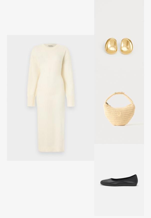 Robe en tricot de couleur crème à manches longues, col rond et taille cintrée, atteignant une longueur mi-mollet, présentée sur un fond uni.; Ballerines en cuir noir avec un bout rond, texture lisse, détails de couture minimalistes et design de semelle flexible.; Sac à main beige tissé avec corps arrondi, fermeture éclair et une sangle courte et épaisse dans un style crochet simple et texturé.; Boucles d'oreilles en forme de clou de couleur or, avec une forme lisse et arrondie et une surface réfléchissante, mettant en avant un design minimaliste sans motifs visibles.
