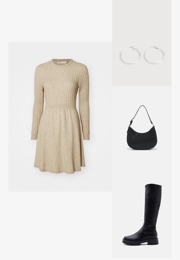 Robe en tricot côtelé beige avec des manches longues, un col rond, une taille cintrée et une jupe évasée. Texture douce avec une légère variation de couleur.; Botte en cuir noire mi-mollet avec semelle à gros crampons et talon bas, vue de profil droit sur fond blanc.; Sac hobo noir en cuir lisse avec une silhouette arrondie, doté d'une seule sangle ajustable et de détails de design minimalistes.; Paire de boucles d'oreilles créoles argentées brillantes avec fermoirs en fil fin, présentée sur un fond gris clair.