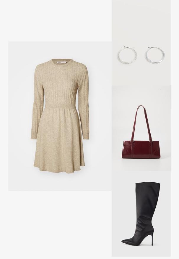 Vestido de punto acanalado beige con mangas largas, escote redondo, cintura entallada y falda acampanada. Textura suave con sutil variación de color.; Bota negra hasta la rodilla con tacón de aguja, hecha de material liso y elegante; punta puntiaguda; ajuste ceñido con un sutil fruncido cerca del tobillo; tacón brillante.; Bolso burdeos hecho de material brillante, de forma rectangular, con dos asas para el hombro y sutiles acentos curvados en la parte frontal.; Pendientes de aro de metal plateado con superficie lisa y ligeramente curvada y cierre de tipo mosquetón sobre un fondo blanco liso.
