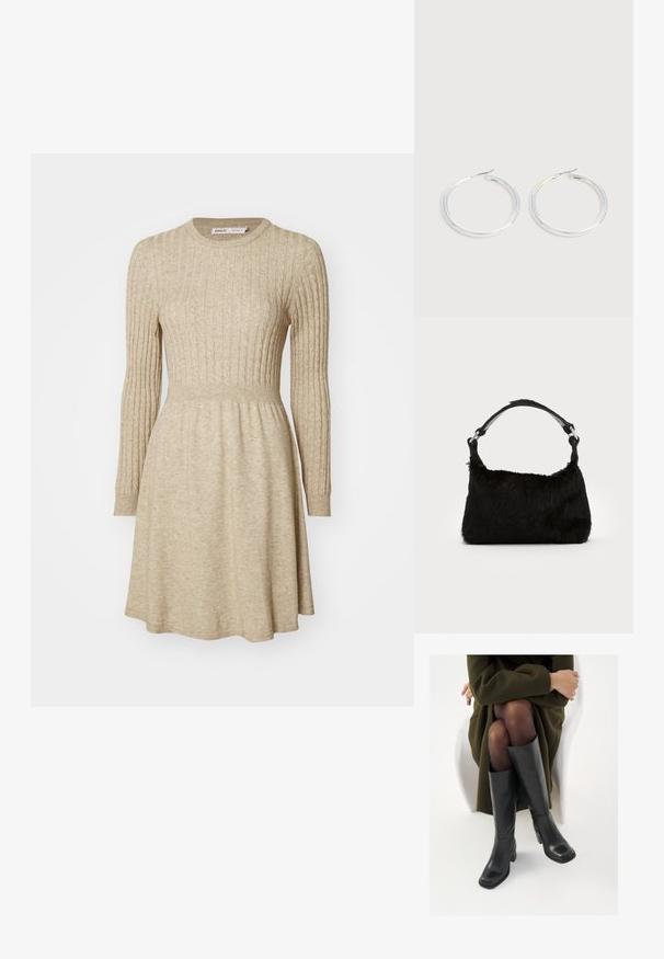 Beige geribde gebreide jurk met lange mouwen, ronde halslijn, getailleerde taille en uitlopende rok. Zachte textuur met subtiele kleurvariatie.; Knieschijf hoge zwarte leren laarzen met een vierkante neus en blokhak, getoond met een model dat zit in een olijfgroene jas. Gladde textuur, minimale details.; Zwarte neplederen handtas met een zachte textuur, ronde vorm en een stevige zwartleren schouderband. Zilveren hardwareaccenten zichtbaar.; Een paar glanzende zilveren oorringen met dunne draadafsluitingen, getoond op een lichtgrijze achtergrond.