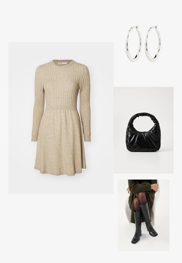 Beige Rippstrickkleid mit langen Ärmeln, rundem Halsausschnitt, taillierter Taille und ausgestellt Rock. Weiche Textur mit subtilen Farbvariationen.; Knöchelhöhe schwarze Lederstiefel mit quadrater Spitze und Blockabsatz, gezeigt mit einem Modell, das einen olivgrünen Mantel trägt. Glatte Textur, minimale Details.; Schwarze gepolsterte Handtasche mit einem runden Griff, die eine glatte, glänzende Oberfläche und eine weiche, gestepfte Textur aufweist. Keine sichtbare Hardware oder Akzente.; Silberne Creolen mit einer glatten, glänzenden Oberfläche. Kreisform, ausgestattet mit einem sicheren Verschluss. Einfaches und elegantes Design.