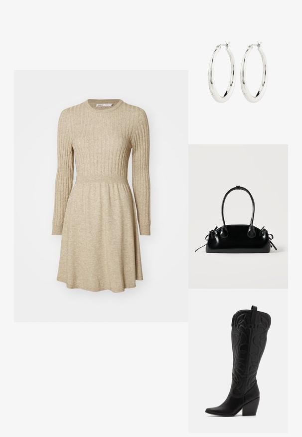 Beige Rippstrickkleid mit langen Ärmeln, rundem Halsausschnitt, taillierter Taille und ausgestellt Rock. Weiche Textur mit subtilen Farbvariationen.; Schwarze kniehohe Stiefel aus Leder mit spitz zulaufender Zehenpartie und gestapeltem Absatz. Verfügt über dekorative Nähte und geschwungene Designelemente.; Kleine schwarze glänzende Handtasche mit zwei langen Griffen und seitlichen Kordelzug-Details vor einfachem hellem Hintergrund.; Silberne Creolen mit einer glatten, glänzenden Oberfläche. Kreisform, ausgestattet mit einem sicheren Verschluss. Einfaches und elegantes Design.