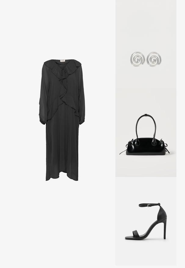 Soaked in Luxury SLMaxi - Maxikjoler - black; Sort højhælet sandal med et sleek design, der har en ankelrem, åben tå og glat lædertekstur.; Lille sort blank håndtaske med to lange håndtag og snøre-detaljer i siden på en ensfarvet lys baggrund.; Par sølvspiral øreringe med glat, afrundet design på en ensartet hvid baggrund.