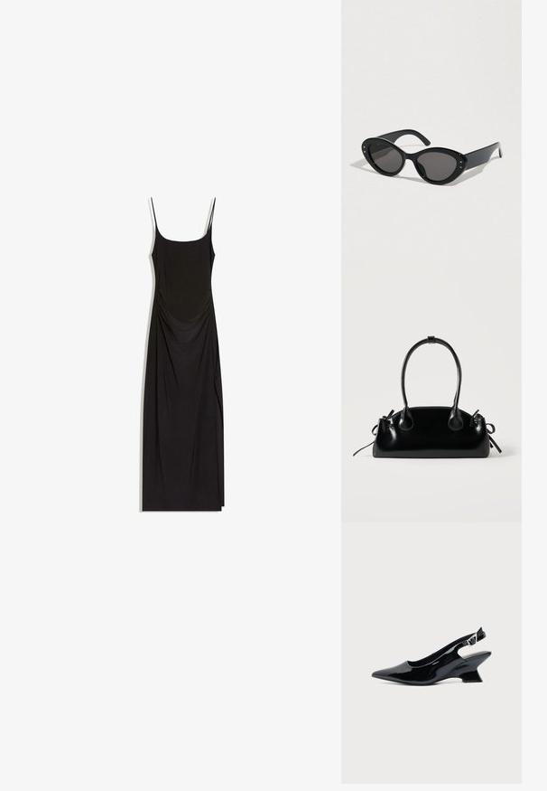 Robe maxi noire sans manches avec fines bretelles, côtés froncés et encolure carrée sur fond blanc.; Chaussure slingback en cuir verni noir avec bout pointu et petit talon bloc incliné sur fond clair uni.; Lunettes de soleil noires à forme œil de chat surdimensionnée. Montures en plastique lisse avec des verres foncés et de petits accents étoilés sur les côtés.; Petit sac à main noir brillant avec deux longues anses et des détails à cordon sur les côtés sur un fond clair uni.
