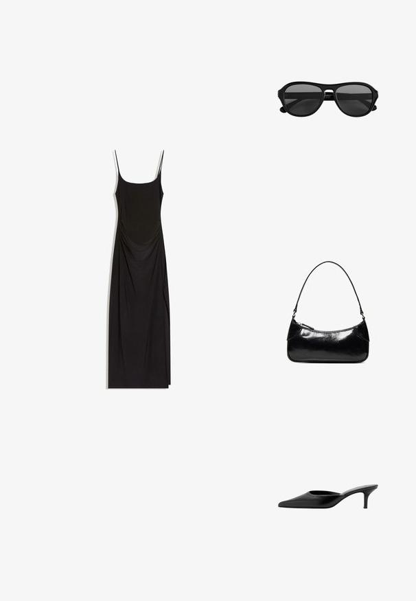 Robe maxi noire sans manches avec fines bretelles, côtés froncés et encolure carrée sur fond blanc.; Mule en cuir noir à bout pointu, avec un petit talon fin et un design sans contrefort pour enfiler facilement.; Lunettes de soleil à monture en plastique noir avec des verres teintés foncés et un pont étroit, vues de face sur un fond blanc.; Sac à épaule en cuir noir brillant avec un seul compartiment zippé et une fine bandoulière arquée.