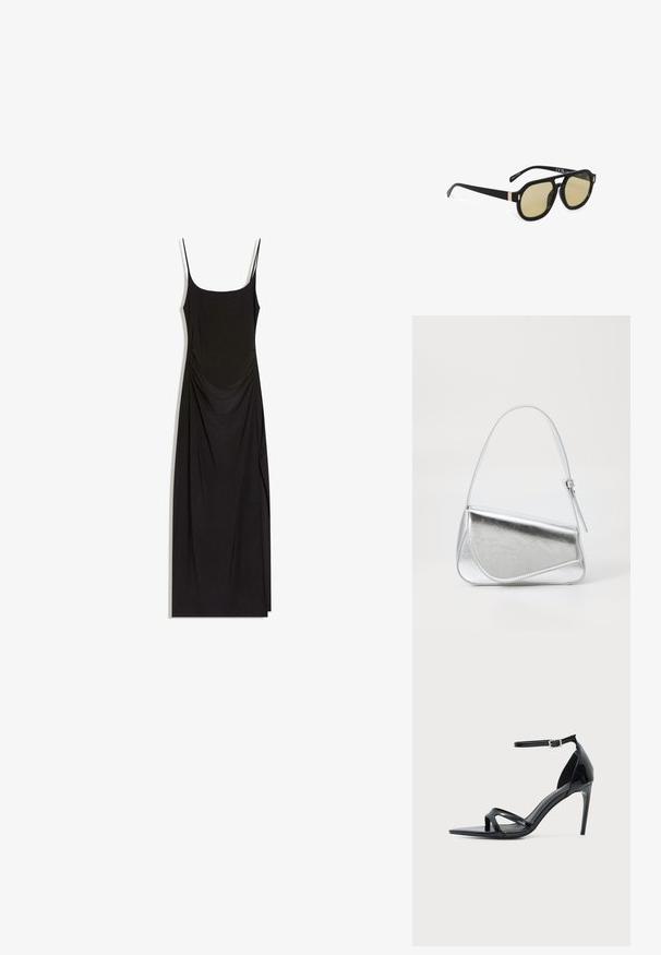 Robe maxi noire sans manches avec fines bretelles, côtés froncés et encolure carrée sur fond blanc.; Sandale à talon haut en cuir verni noir avec fine bride à la cheville, bout ouvert et design minimaliste sur fond clair uni.; Lunettes de soleil à monture noire avec des verres teintés jaunes et un accent doré près des charnières, positionnées à un angle de trois quarts sur un fond blanc.; Sac à main en métal argenté de forme triangulaire, texture lisse et fine bandoulière réglable. Présente un design rabat avec couture.