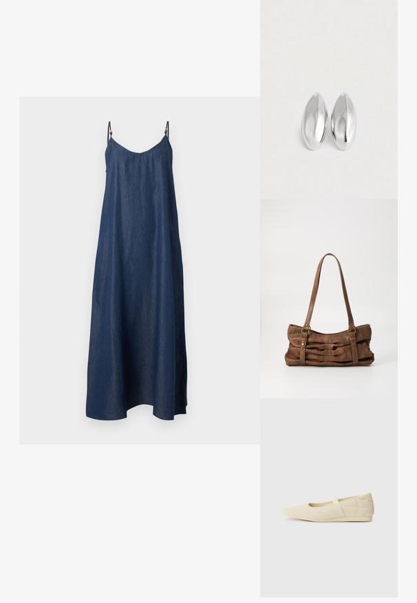 Robe maxi en denim bleu foncé sans manches avec fines bretelles réglables et une silhouette ample en A.; Ballerines beiges avec une exterior en cuir lisse, un bout en forme d'amande et une sangle élastique sur le coup de pied, avec des détails de couture subtils.; Even&Odd Sac à main - brown; Paire d'objets ovales en argent luisant et lisse disposés côte à côte sur un fond blanc uni.