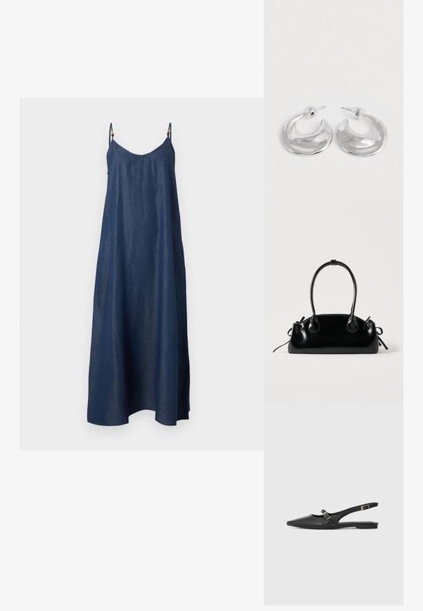 Robe maxi en denim bleu foncé sans manches avec fines bretelles réglables et une silhouette ample en A.; Chaussures slingback en cuir noir avec un bout pointu, comprenant une lanière étroite et un accent de boucle argentée sur le côté. Semelle plate.; Petit sac à main noir brillant avec deux longues anses et des détails à cordon sur les côtés sur un fond clair uni.; Une paire de boucles d'oreilles en croissant argenté poli avec des supports en plastique transparent sur une surface blanche.