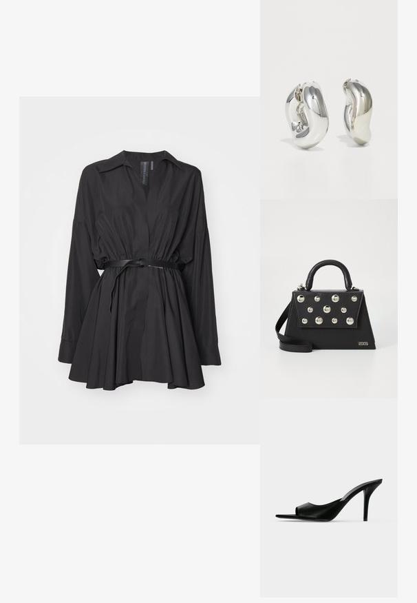 Schwarzes Hemdkleid aus einem glatten Stoff, mit V-Ausschnitt, langen Ärmeln, tailliertem Bund mit einem Gürtel und ausgestelltem Rock.; Schwarzer Leder-Pantolette mit offenem Zehenbereich und hohem, schlankem Stiletto-Absatz, im Seitenprofil vor neutralem Hintergrund gezeigt.; Schwarze Handtasche mit strukturiertem Design, ausgestattet mit einem oberen Griff, einem Schultergurt und dekorativen metallischen Nieten auf der Vorderseite.; Silberne skulpturale Ohrringe mit glatten, geschwungenen Formen und reflektierenden Oberflächen. Sie verfügen über ein geschlossenes Ringdesign und eine ausgeprägte organische Form.