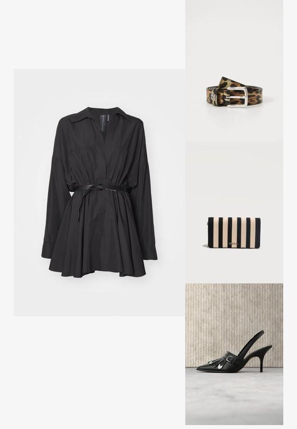 Musta mekko, joka on valmistettu sileästä kankaasta, jossa on V-pääntie, pitkät hihat, vöillä korostettu vyötärö ja levenevä hame.; Musta nahkainen slingback-korkokenkä, jossa on terävä kärki, hopeiset kissanmuotoiset koristeet ja solkisäädettävä hihna, esillä heijastavalla pinnalla.; Suorakulmainen clutch-laukku, jossa pystysuorat mustat ja beiget raidat, pieni hopeinen logokilpi ja hopeinen ketjuhihna vasemmalla puolella.; Nahkahihna, jossa on leopardikuosi, hopeinen metallipanta, sileä pinta ja kestävä muotoilu. Logotieto näkyy hihnassa.