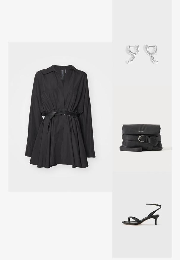 Schwarzes Hemdkleid aus einem glatten Stoff, mit V-Ausschnitt, langen Ärmeln, tailliertem Bund mit einem Gürtel und ausgestelltem Rock.; Schwarze Ledersandale für Damen mit dünnen Riemchen, einer Zehenlasche, einer Knöchelschnalle und einem mittelhohen Stöckelabsatz vor neutralem Hintergrund.; Schwarze Crossbody-Tasche aus genarbtem Leder mit Klappverschluss, silberner Schnallenriemen-Detail und verstellbarem Schultergurt auf einfarbigem Hintergrund.; Paar polierte silberne Creolen mit kleinen unregelmäßigen tropfenförmigen Anhängern, die von jedem Creolen an einem schlichten grauen Hintergrund hängen.