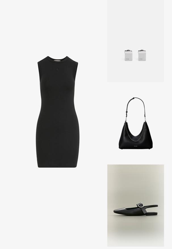 Vestido negro ajustado de manga corta con escote redondo y pequeño logo sutil centrado debajo del cuello.; Zapato plano tipo slingback negro con punta afilada, hebilla plateada y tacón bajo sobre un fondo neutro.; Bolso de mano de cuero negro con detalle de cadena plateada y correa de hombro ajustable, con el logo de Calvin Klein en la parte frontal.; Gemelos de puño cuadrados de plata con un acabado pulido, que presentan las letras grabadas "CK" en un lado y un detalle redondeado en la parte superior.