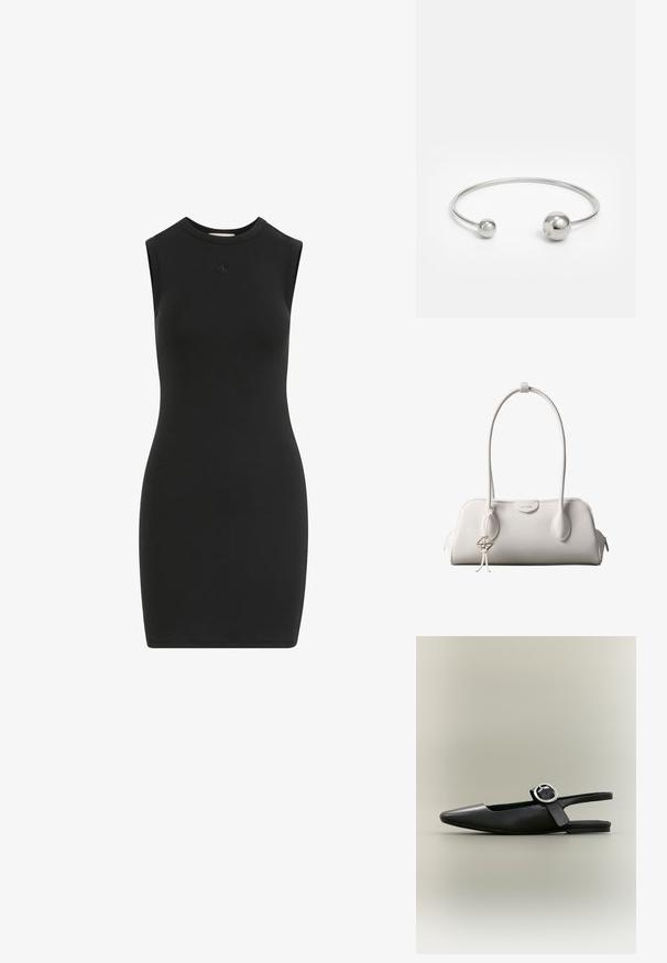 Schwarzes, figurbetontes Kleid mit kurzen Ärmeln, rundem Ausschnitt und kleinem, dezentem Logo mittig unter dem Kragen.; Schwarzer spitzer flacher Slingback-Schuh mit silberner Schnalle und niedrigem Absatz auf neutralem Hintergrund.; Weiße Calvin Klein Schultertasche mit langen Griffen, rechteckiger Form, Reißverschluss und dekorativem Logo-Anhänger, der in der Nähe des Griffs hängt.; Silberner Metallarmreif mit zwei kugelförmigen Akzenten an jedem Ende, glatte Oberfläche, offenes Design und schlanker, minimalistischer Form.
