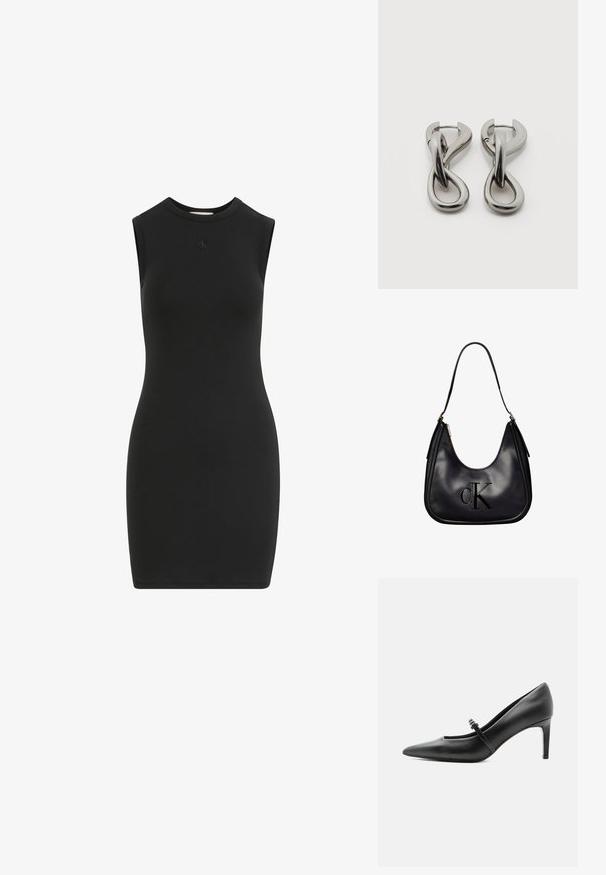 Vestido negro sin mangas hecho de tela suave y elástica. Presenta un escote alto y un pequeño logo en relieve en el pecho. Diseño ajustado al cuerpo.; Zapato de tacón alto de cuero negro con punta puntiaguda, con tira fina y hebilla sobre el empeine, sobre fondo claro y neutro.; Bolso de hombro de cuero negro con cremallera dorada, con el logo "cK" en relieve en el frente y una correa única para llevar.; Par de pendientes de metal con acabado plateado y diseño abstracto de bucles entrelazados sobre un fondo blanco.