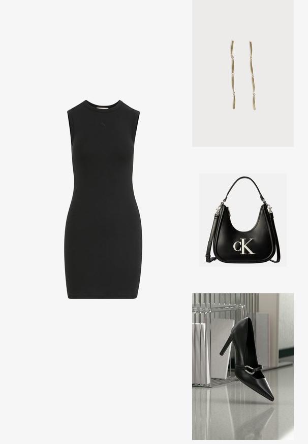 Vestido negro ajustado de manga corta con escote redondo y pequeño logo sutil centrado debajo del cuello.; Zapato de tacón alto negro con puntera y correa con hebilla plateada, colocado sobre una superficie reflectante cerca de un organizador de archivos metálico que sostiene papeles.; Bolso de mano de cuero negro con logo plateado "cK" en el frente, con asa corta y correa de hombro ajustable más larga.; Pendientes largos de oro compuestos por cuatro barras curvadas enlazadas y alargadas sobre un fondo blanco.