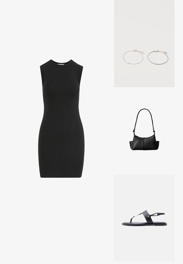Zwarte mouwloze jurk gemaakt van glad, elastisch materiaal. Heeft een hoge halslijn en een klein ingebed logo op de borst. Formeel aansluitend ontwerp.; Zwarte platte sandaal met een dunne teenband, brede middenvoetband en verstelbare enkelband op een witte achtergrond.; Zwarte leren schoudertas met lange band, zijvakjes en een reliëflogo van Calvin Klein aan de voorkant.; Twee delicate zilveren armbanden naast elkaar, één met kleine kralen en de andere met een dun gevlochten ketting, beide voorzien van karabijnsluitingen en labels.